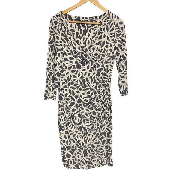 Lauren Ralph Lauren Grey and White Ruched Wrap Dress Size 8 V Neck Bodycon - Picture 13 of 13